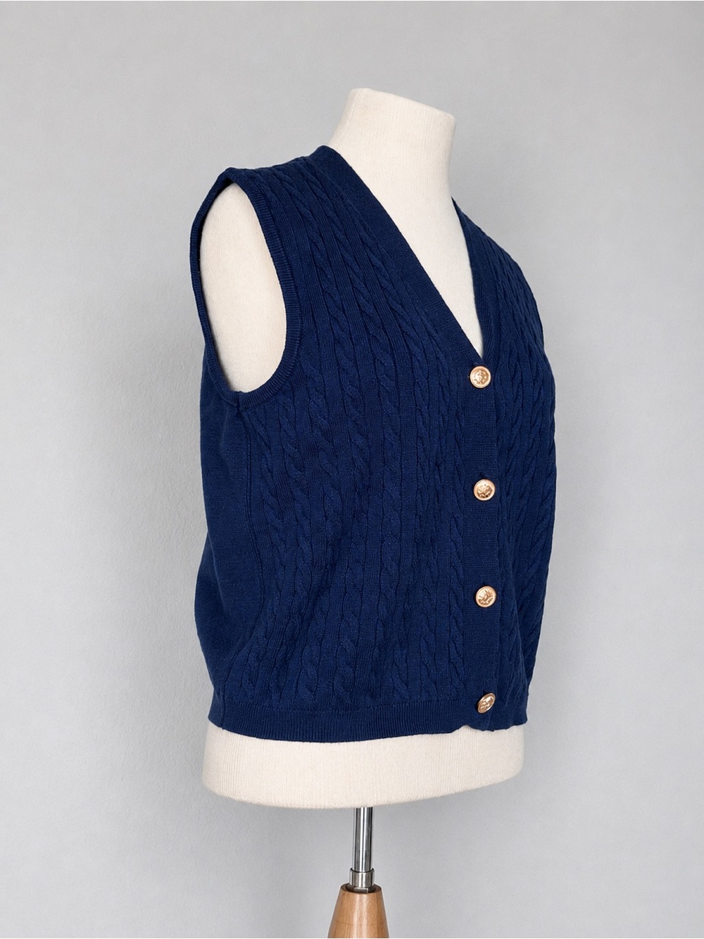Vintage Carolyn Taylor Cable Knit Sweater Vest Navy Blue Gold Button Cardigan